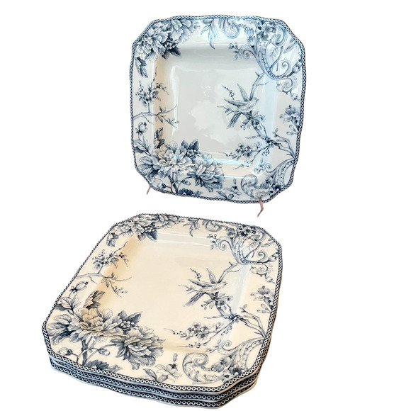 222 Fifth Adelaide Blue Salad Plates 8.5in Square Set of 4 Bird & Floral Design - Picture 4 of 7